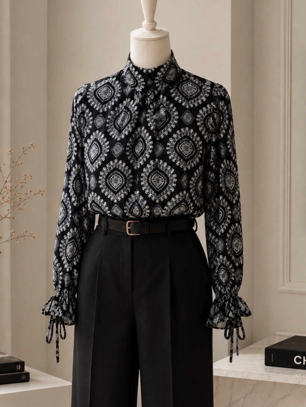 LOFT Tutleneck Paisley Geometric Print Long Sleeve Blouse